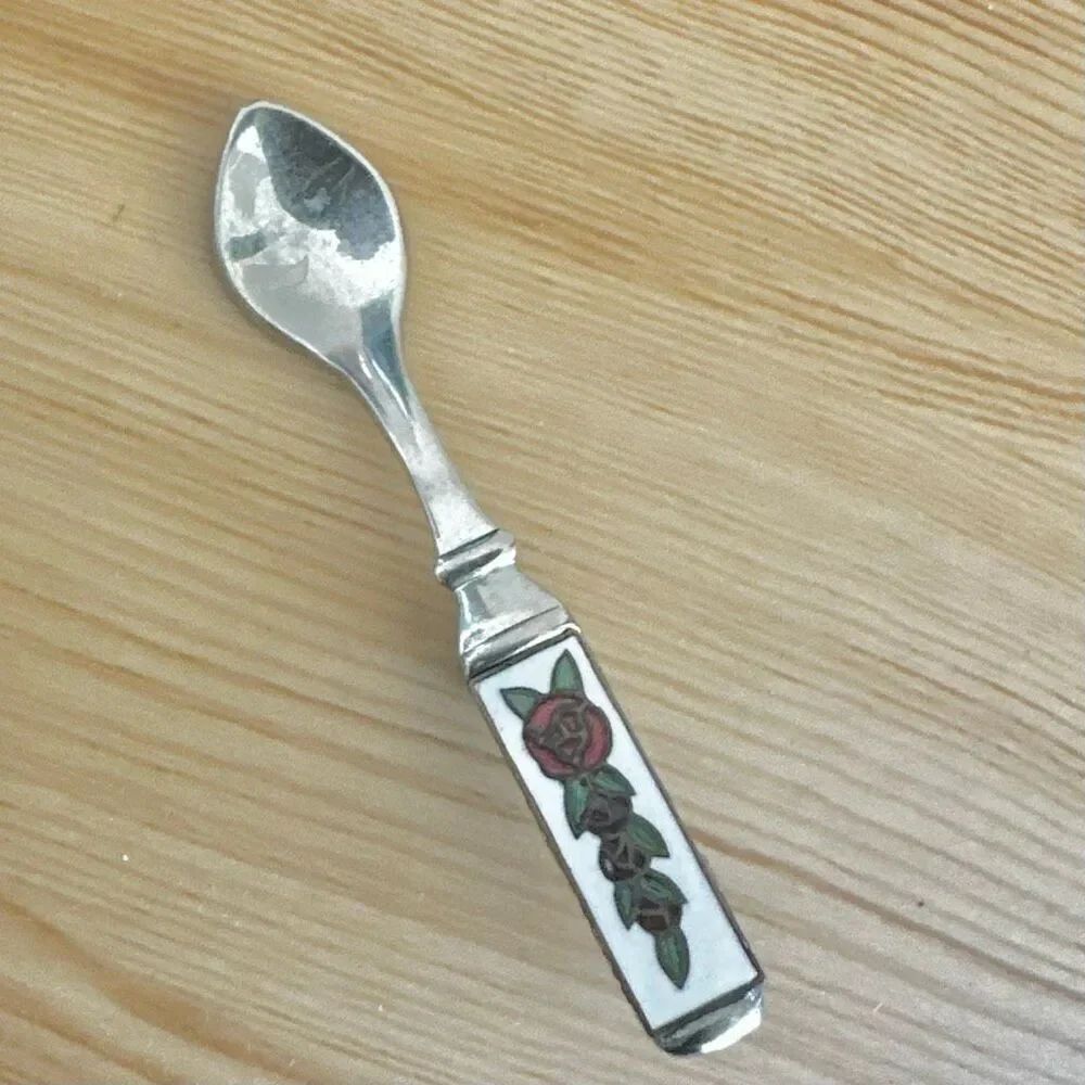 Vintage Cloisonné Rose Enamel Spoon brooch